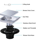 6 Inch Square Shower Drain Featuring Killer Flow Performance On Heavy Duty Stainless Steel with Shower Drain Cover and Hair Filter.