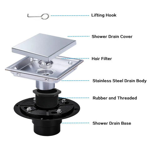 6 Inch Square Shower Drain Featuring Killer Flow Performance On Heavy Duty Stainless Steel with Shower Drain Cover and Hair Filter.