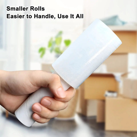 Person holding 4 Inch Shrink Wrap Roll 500 Feet With Handle Two Pack Lightweight Plastic Wrap for moving and packing
