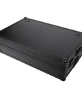 Hardcore Portable Compact Flight Case Table Built For Mobile DJs And Gig Crews Featuring Tough Handles Easy Glide Wheels Glossy Black Top Red TSA Lock Kit side view of black flight case with textured surface