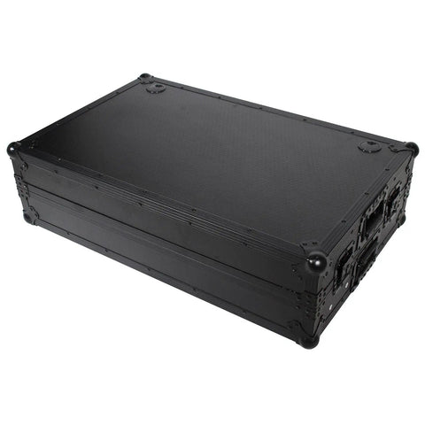Hardcore Portable Compact Flight Case Table Built For Mobile DJs And Gig Crews Featuring Tough Handles Easy Glide Wheels Glossy Black Top Red TSA Lock Kit side view of black flight case with textured surface