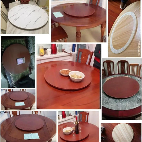 Rotating Lazy Susan Serving Tray For Dining Table 80cm Wood Round Organizer with light wood grain shown on various tables.