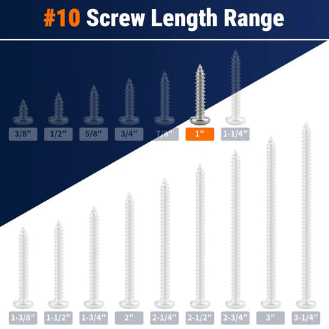#10 screw length range illustrating various sizes including 1 inch stainless steel self tapping screws for versatile use.