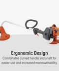 Front view of gas string trimmer with Tap N Go head, 22cc 2 cycle engine, 17 inch curved shaft, lightweight design.