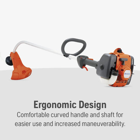Front view of gas string trimmer with Tap N Go head, 22cc 2 cycle engine, 17 inch curved shaft, lightweight design.