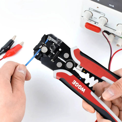Using Self Adjusting Wire Stripper Tool For AWG Ten To Twenty Four Strips Cuts And Crimps Copper And Aluminum Wires 8 Inch Automatic 3 In One Pliers With Thumbwheel Adjustment to strip a blue wire