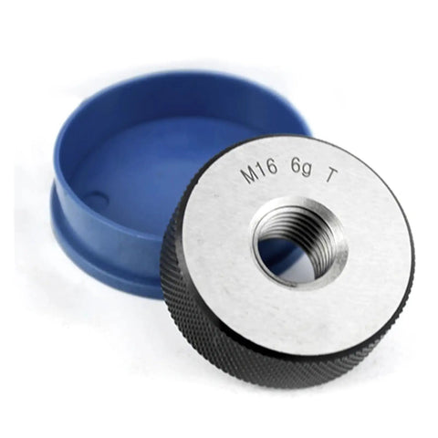 Pro-Grade Thread Ring and Plug Gauge Set for Machinists, built tough in GR15 bearing steel, showing ring gauge with M16 6g marking