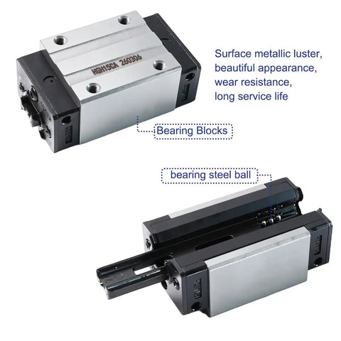 15mm Linear Bearing Blocks HGH15CA 2 Pack For CNC Rigs And Motion Carriage Sliders, Smooth Glide, Heavy Duty Block, Compatible With HIWIN HG15 Rails, Ideal For DIY Machining Projects. Silver and black HGH15CA 15mm linear bearing block for CNC rail carriage