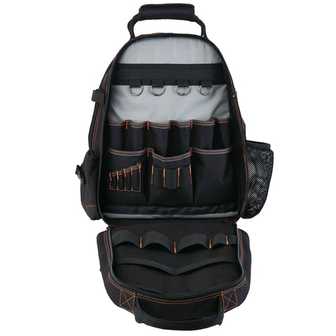 Open view of Arsenal 5843 Tool Backpack With Dual Compartments For Pros, Heavy Duty 1200D Ballistic Polyester, showing interior pockets