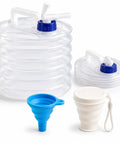Collapsible 5 Gallon Water Jug With Spigot And Vent For Camping And Home Emergency Prep, BPA Free Food Grade Portable Water Carrier For RV Hiking And Outdoor Adventures, shown with cup and funnel.