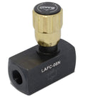 Inline hydraulic flow control valve, 1/2-inch NPT, black body with brass knob, model LAFC-08N.