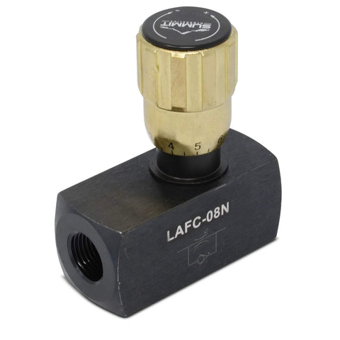Inline hydraulic flow control valve, 1/2-inch NPT, black body with brass knob, model LAFC-08N.
