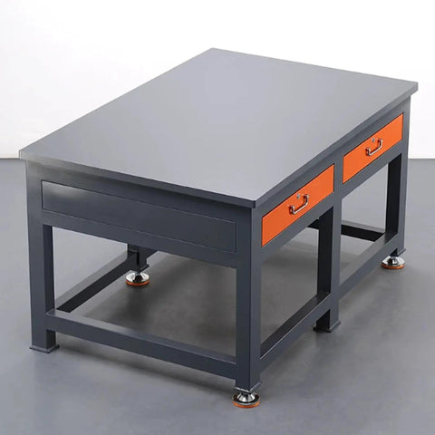 Heavy Duty Workshop Maintenance And Assembly Workbench With Mounting Vise Rock Solid Mold Fitting Table featuring 8Millimeter Thickened Steel Top, gray with orange drawers.