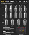 Heavy-Duty 16-Piece Bolt Extractor Kit For Half Inch Drive Impact shown with various Cr-Mo sizes and storage case.