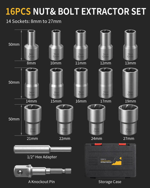 Heavy-Duty 16-Piece Bolt Extractor Kit For Half Inch Drive Impact shown with various Cr-Mo sizes and storage case.
