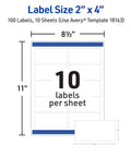 Label sheet displaying dimensions for 2x4 shipping labels with 100 count, 10 labels per sheet for smooth printer feeds. Kick Up Your Mailing Game With Hassle Free Printable Shipping Labels Using True Block Tech To Cover Old Barcodes Crisp White 2x4 Stickers For Smooth Printer Feeds And Nifty Quick Reprints.