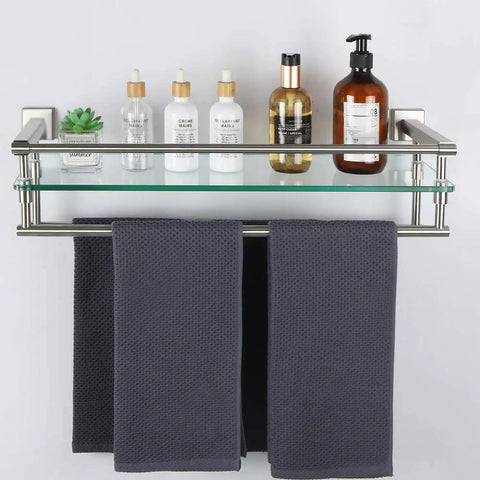 Sturdy Glass Bathroom Shelf With 2 Bars Wall Mount In SUS 304 Stainless Steel Brushed Finish with towels and toiletries