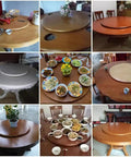 Silent Spin Premium Wooden Lazy Susan Rotating Serving Tray For Dining Tables displayed on round dining tables with various dishes.