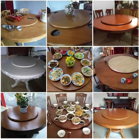 Silent Spin Premium Wooden Lazy Susan Rotating Serving Tray For Dining Tables displayed on round dining tables with various dishes.