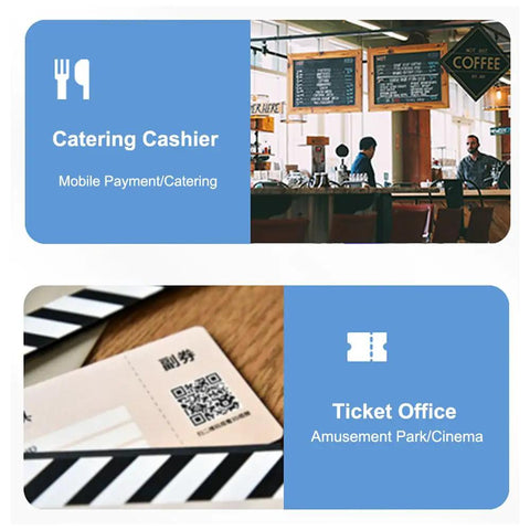 Catering cashier and ticket office with barcodes for "Hands Free Desktop Barcode Scanner With Auto Sensor For Supermarkets, Retail Stores And Restaurants, Scans 1D And 2D Barcodes And QR Codes, Fast Auto Scan, Low Power Consumption, Wide Scanning Window For Easy Data Capture."