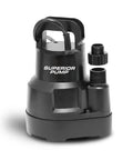 Front view of black thermoplastic Superior Pump utility pump with top handle and dual threaded outlets.