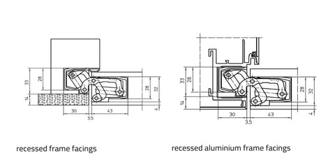 Technical drawing of 3D Rebated Door Adjustable Concealed Residential Hinge for Interior Doors, recessed frame facings