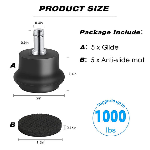 Game Changing Office Chair Bell Glide Casters Set Of Five Heavy Duty Fixed Feet Wheels Up To 1000 Pounds product size image with dimensions.