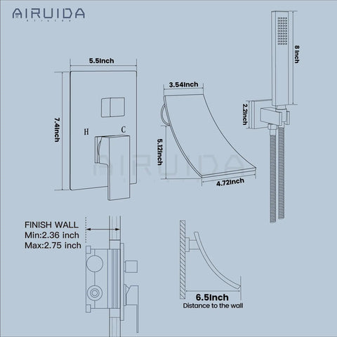 Technical diagram of Wall Mount Tub Faucet With Waterfall Spout And Handheld Shower No Sweat Install Single Handle Tub Filler Set With Rough In Valve Curved Chrome Finish Durable Brass Body High Flow 1.44 GPM.