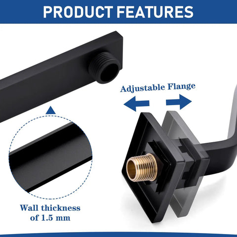 Matte Black Brass S Shaped Shower Arm And Flange 15 Inch Gooseneck Extension features with adjustable square flange