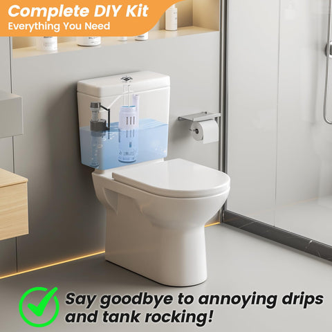 Bathroom with toilet showing 2 Inch Dual Flush Valve Replacement Kit For Two Piece Toilets With Push Button Fill Valve Gasket And Bolts Easy Install No Fuss Universal Repair Compatible With Glacier Bay Kohler American Standard And Toto.
