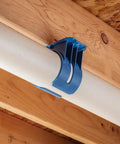 Heavy Duty Dust Hose Support Cradles For 4 Inch Shop Vac Tubing, blue ABS bracket holding PVC pipe securely on ceiling