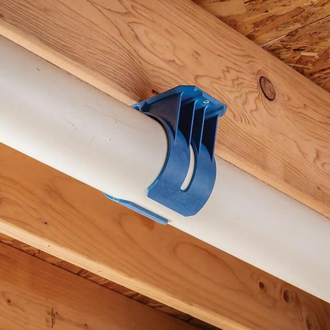 Heavy Duty Dust Hose Support Cradles For 4 Inch Shop Vac Tubing, blue ABS bracket holding PVC pipe securely on ceiling