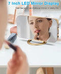 7 Inch LED Mirror Display Alarm Clock With Dual USB Ports, auto dim, used as makeup mirror in gold finish, desktop setup