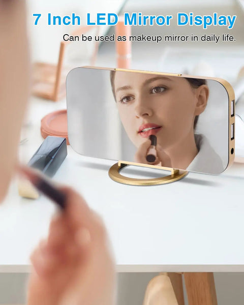 7 Inch LED Mirror Display Alarm Clock With Dual USB Ports, auto dim, used as makeup mirror in gold finish, desktop setup