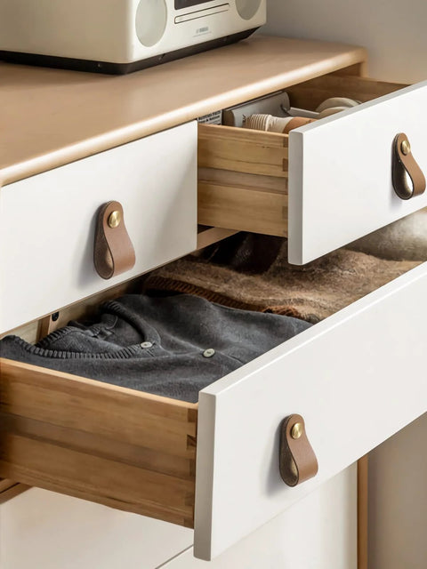 Two open drawers with brown leather drawer pulls 6 pack for kitchen cabinets and drawers, textured leather handles with grain finish.