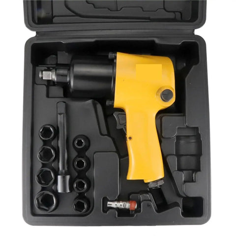 Shop Ready Pneumatic Impact Wrench Kit Delivering Badass Torque Power With A Built In Air Hammer Mode, complete set in storage case.