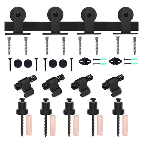Sliding Door Hardware Kit From 4Ft To 20Ft Rail System Industrial Track With T Style Rollers, components layout, carbon steel.