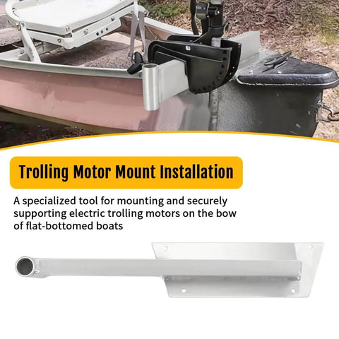 Heavy Duty Right Side Trolling Motor Mount For Gheenoe Bow Covers Handle Nose Cap Bracket attached to flat-bottom boat.