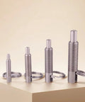 Heavy Duty M8 Spring Plunger With Smooth Pull Ring Self Locking Retractable Bolt Threaded Pin Stainless Steel, four sizes displayed.