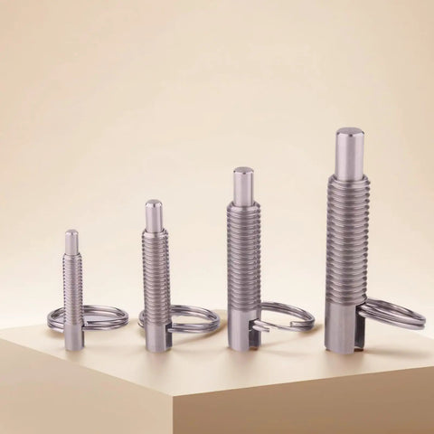 Heavy Duty M8 Spring Plunger With Smooth Pull Ring Self Locking Retractable Bolt Threaded Pin Stainless Steel, four sizes displayed.