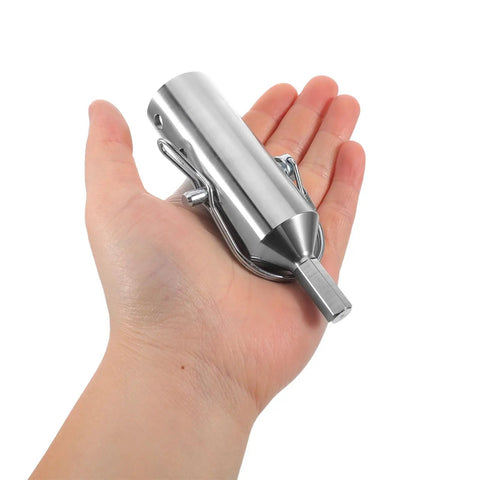 Badass Pro Utility Heavy Duty Steel RV Trailer Jack Drill Drive Shaft Adapter For Seamless Electric Hand Crank Conversion Plus Plug And Play Commercial Grade Dump Trailer Setup in hand showing size and detail.