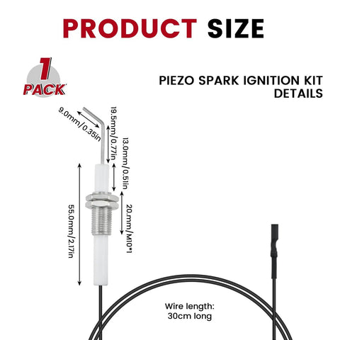 Ceramic Ignition Wire Assembly For Propane Patio Heaters Go-To Replacement Spark Plug Wire For Piezo Push Button Igniters shown with measurements.