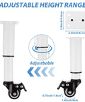 Set Of 4 Metal Adjustable Furniture Legs With Wheels Casters White Height 7.3-10.2 Inches Heavy Duty 440Lbs Capacity Includes 16 Screws Brakes For Tables Cabinets Sofas Beds, showing adjustable white metal leg and caster.