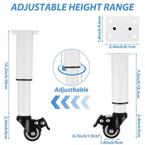 Set Of 4 Metal Adjustable Furniture Legs With Wheels Casters White Height 7.3-10.2 Inches Heavy Duty 440Lbs Capacity Includes 16 Screws Brakes For Tables Cabinets Sofas Beds, showing adjustable white metal leg and caster.