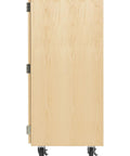 Top Tier Storage Cabinet For Makerspaces And Classrooms 50X24X53 light wood finish side view with wheels for mobility.
