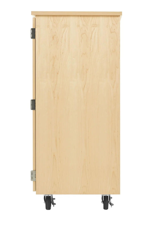 Top Tier Storage Cabinet For Makerspaces And Classrooms 50X24X53 light wood finish side view with wheels for mobility.