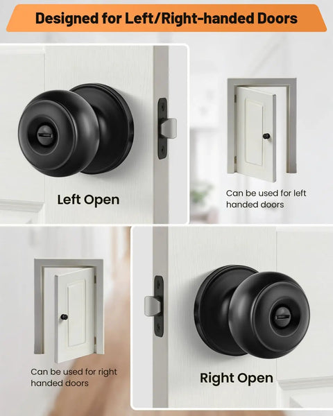 Black Privacy Door Knobs 10 Pack Keyless Interior Knobs For Bedroom And Bathroom With Emergency Release, shown on left and right-handed doors.
