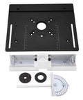 Professional Grade Aluminum Router Table Insert Plate With Precision Mounting Rings for Hardcore Diy Woodworking Benches in matte black with scale and hardware.