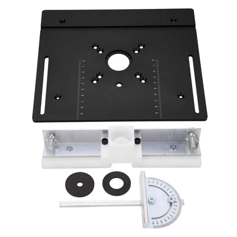 Professional Grade Aluminum Router Table Insert Plate With Precision Mounting Rings for Hardcore Diy Woodworking Benches in matte black with scale and hardware.