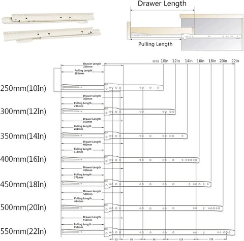 Heavy Duty Metal Drawer Slides 450mm Pack of Four White Roller Rails diagram showing lengths and pulling measurements.